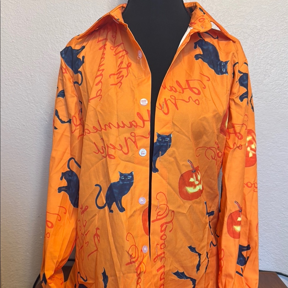 Halloween Cat Print Orange Shirt